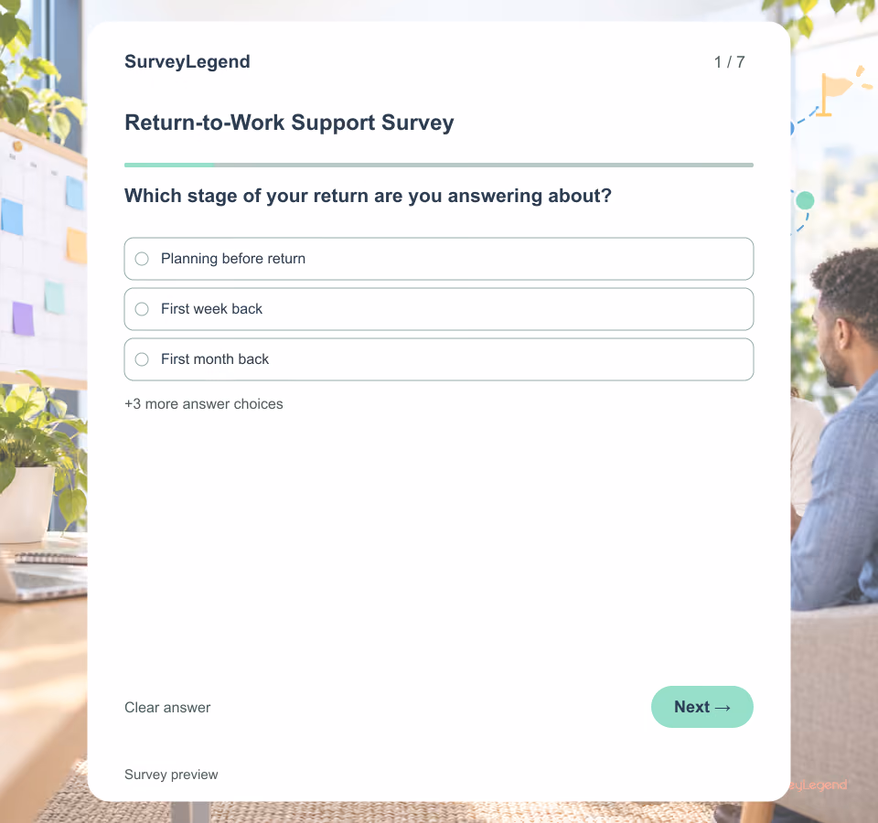 Preview of the Return-to-Work Support Survey Template showing its first question and answer choices