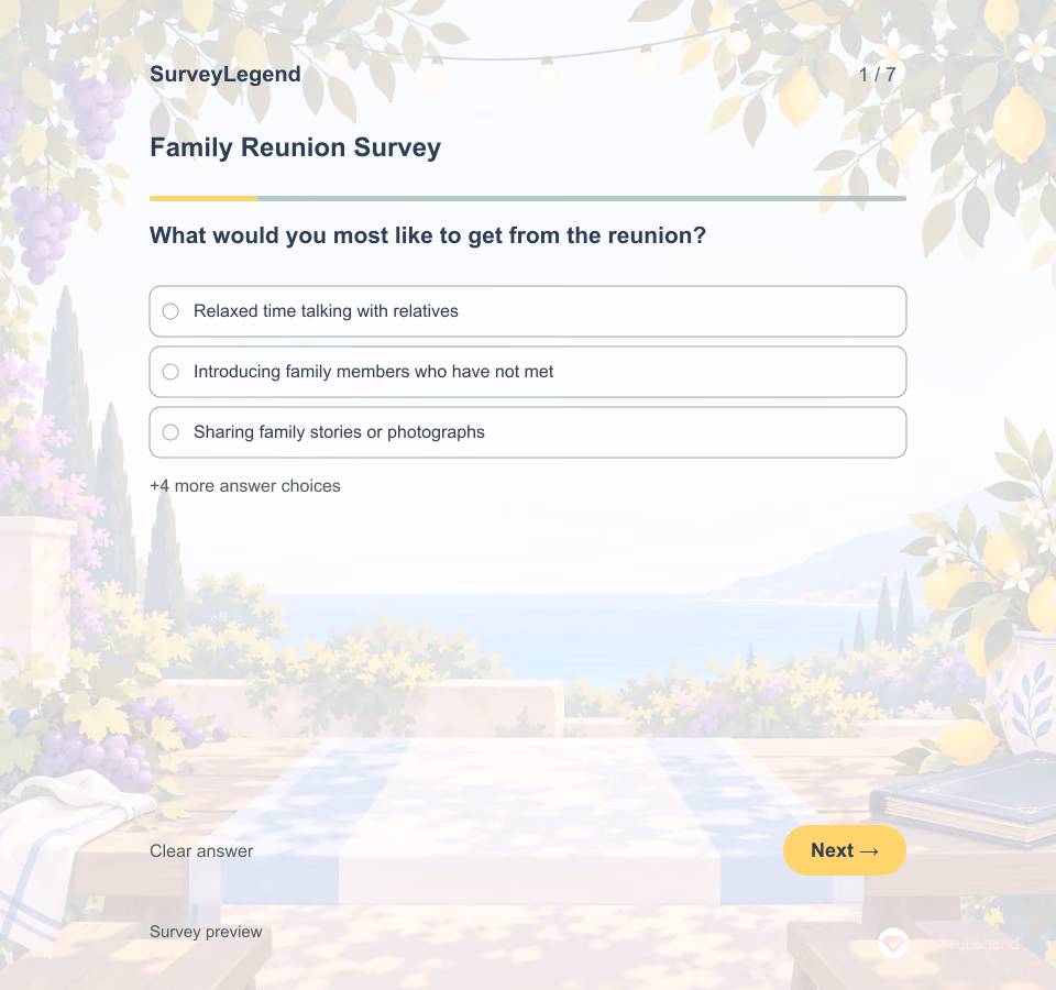 Preview of the Family Reunion Survey Template showing its first question and answer choices
