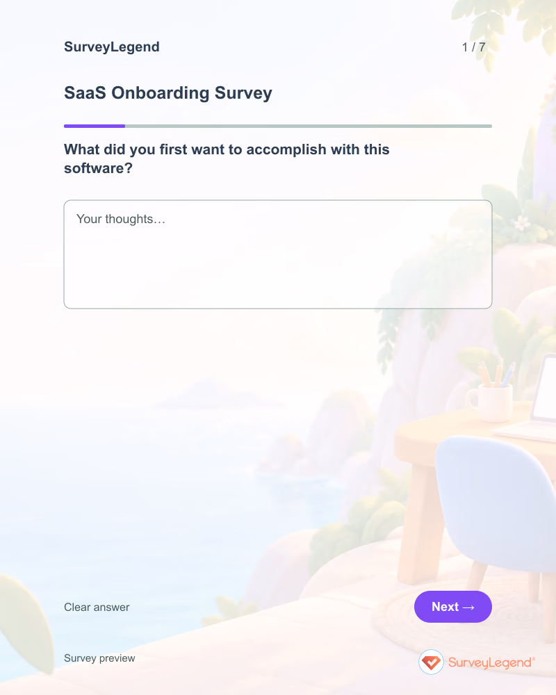 SaaS Onboarding Survey: first question and response field, tablet preview