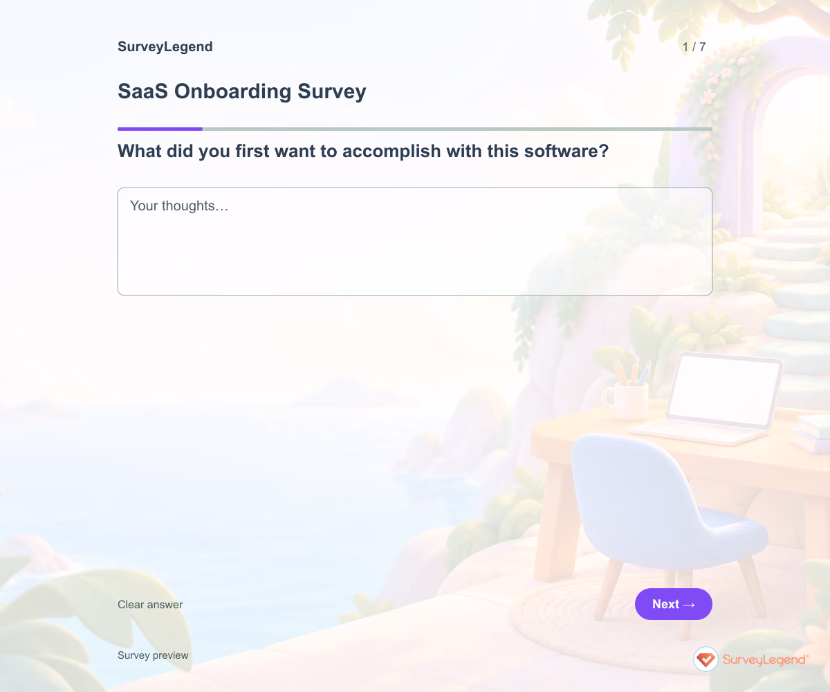 Preview of the SaaS Onboarding Survey demo showing its first question and answer choices