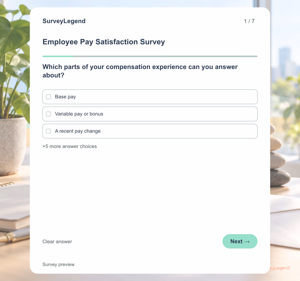 Preview of the Employee Pay Satisfaction Survey Template showing its first question and answer choices
