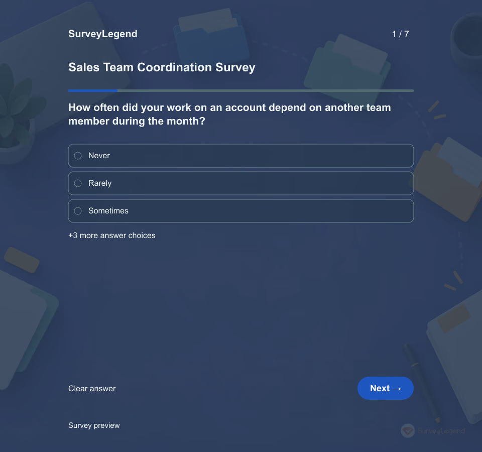 Preview of the Sales Team Coordination Survey Template showing its first question and answer choices