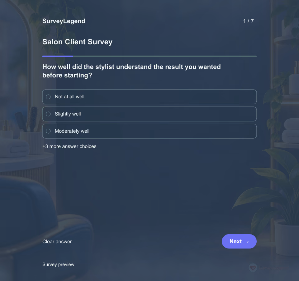 Preview of the Salon Client Survey Template showing its first question and answer choices