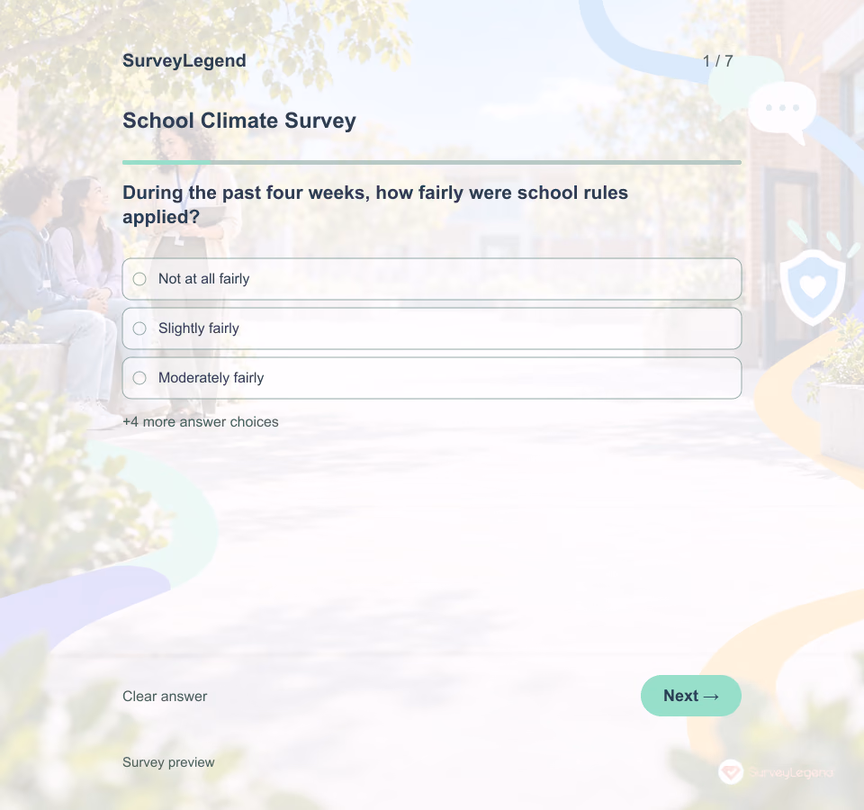 Preview of the School Climate Survey Template showing its first question and answer choices