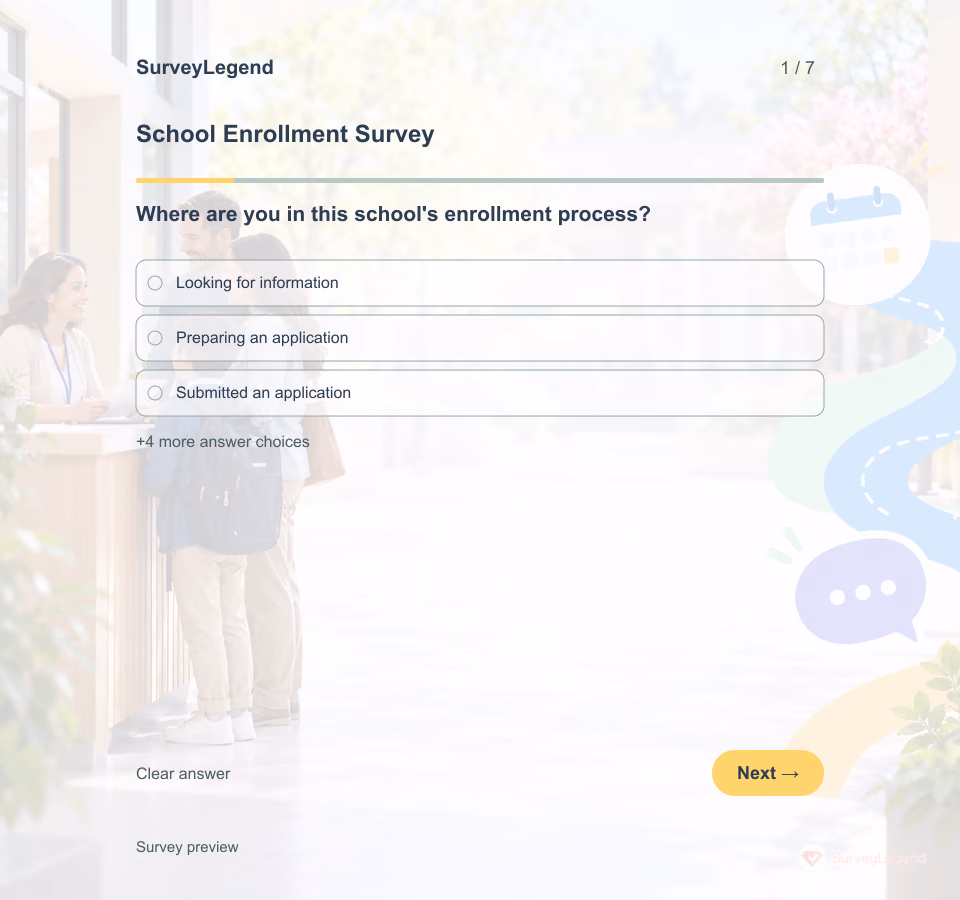 Preview of the School Enrollment Survey Template showing its first question and answer choices