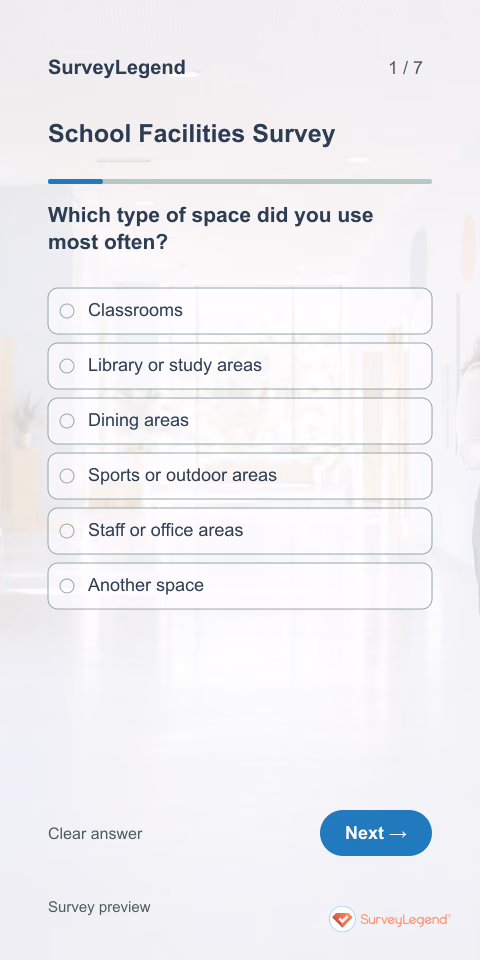 School Facilities Survey: first question and response field, mobile preview
