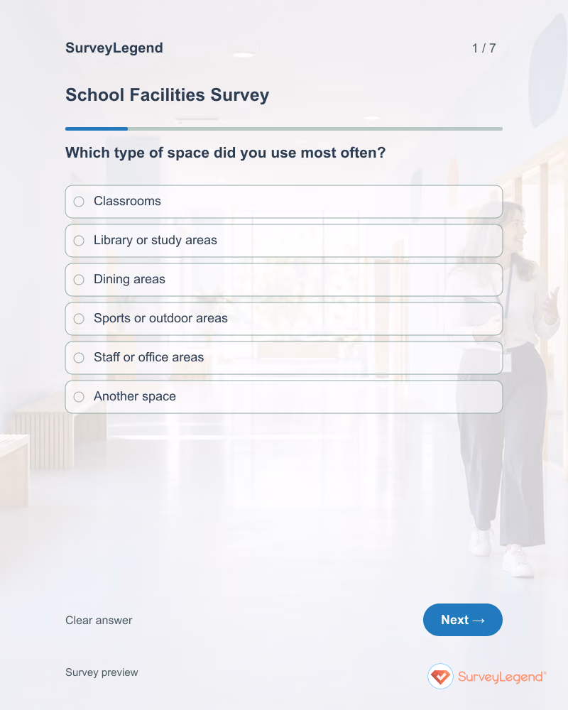 School Facilities Survey: first question and response field, tablet preview