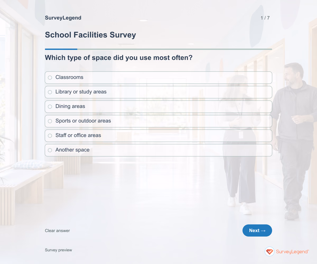 Preview of the School Facilities Survey demo showing its first question and answer choices