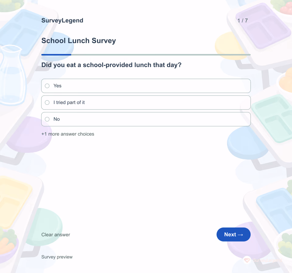 Preview of the School Lunch Survey Template showing its first question and answer choices