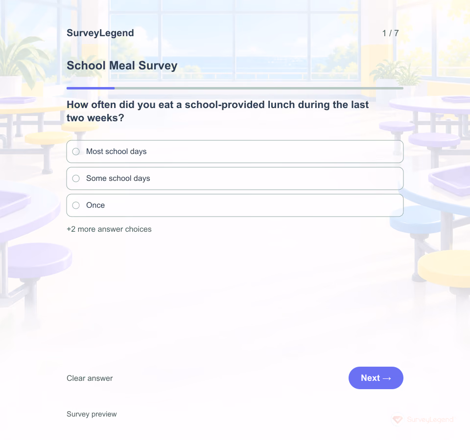 Preview of the School Meal Survey Template showing its first question and answer choices