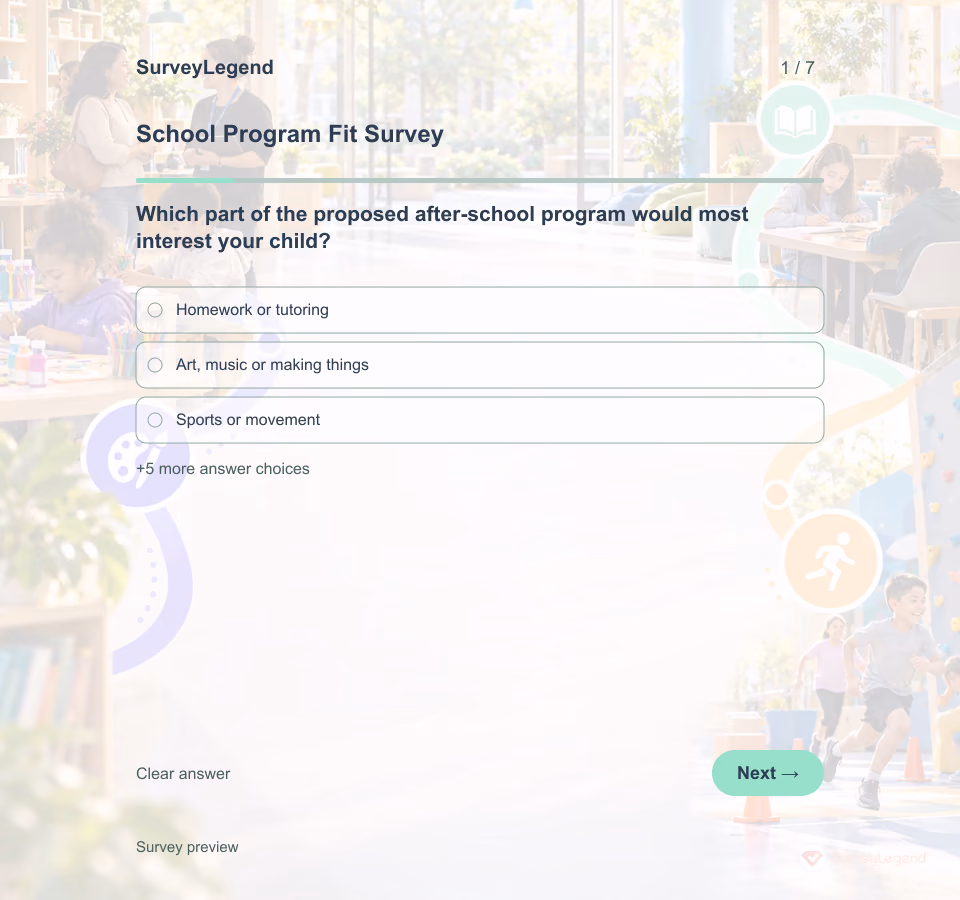 Preview of the School Program Fit Survey Template showing its first question and answer choices