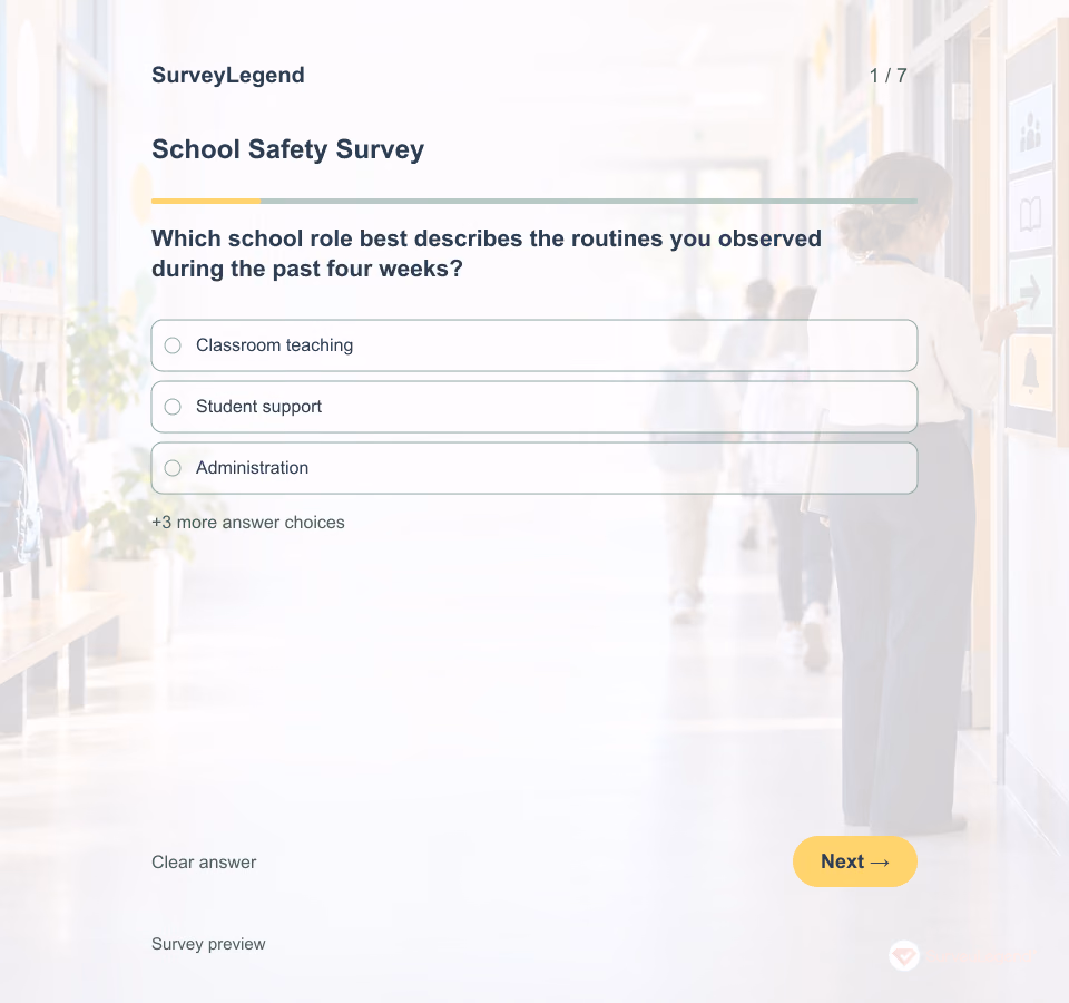Preview of the School Safety Survey Template showing its first question and answer choices