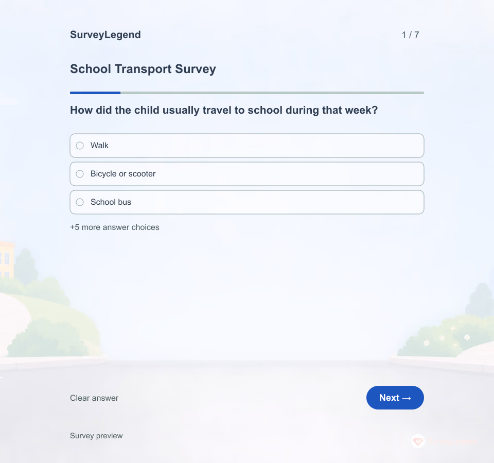 Preview of the School Transport Survey Template showing its first question and answer choices