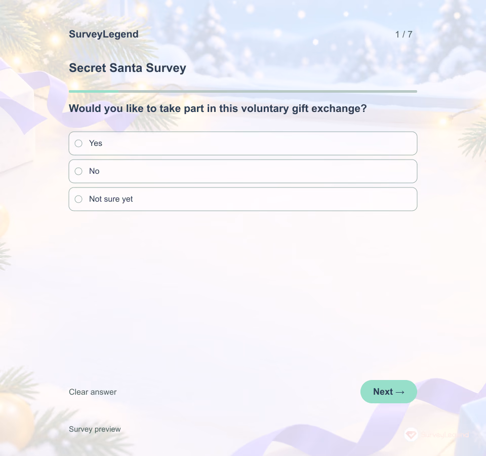Preview of the Secret Santa Survey Template showing its first question and answer choices