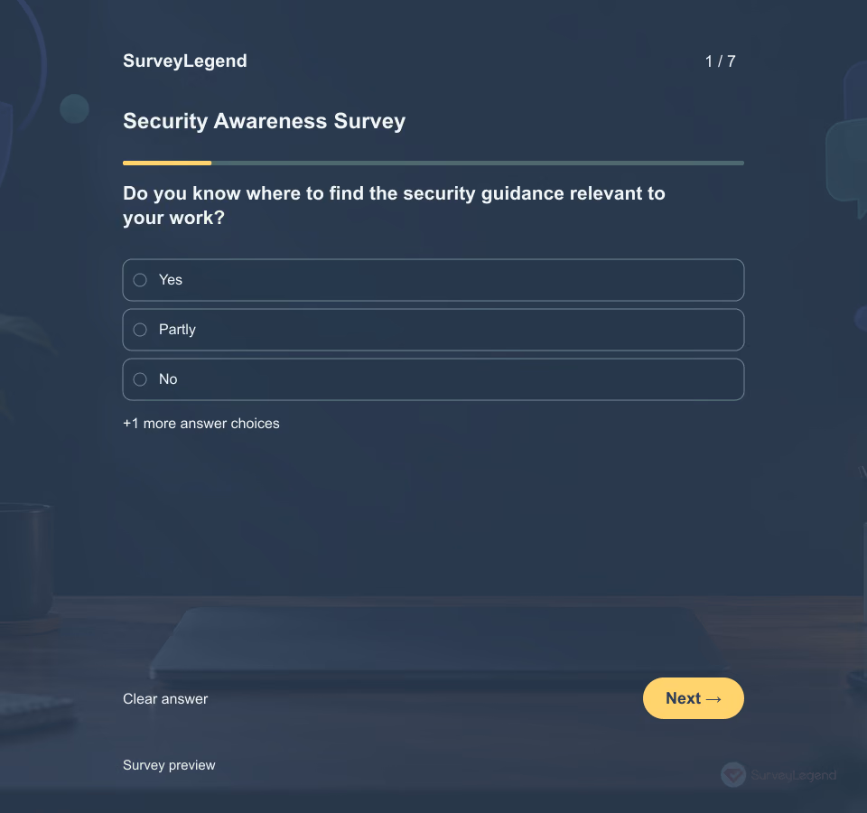 Preview of the Security Awareness Survey Template showing its first question and answer choices