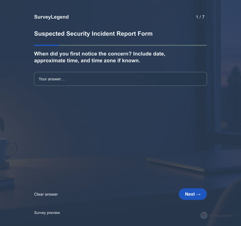 Preview of the Suspected Security Incident Report Form Template showing its first question and answer choices