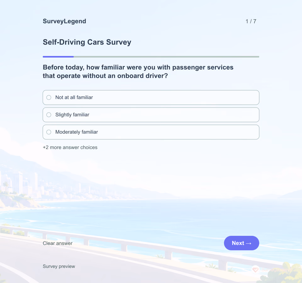 Preview of the Self-Driving Cars Survey Template showing its first question and answer choices