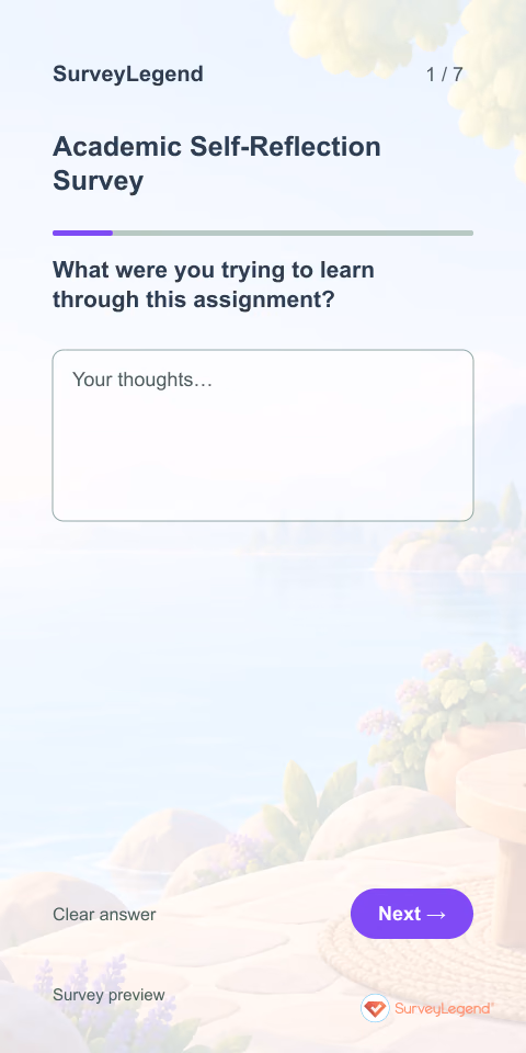 Academic Self-Reflection Survey: first question and response field, mobile preview