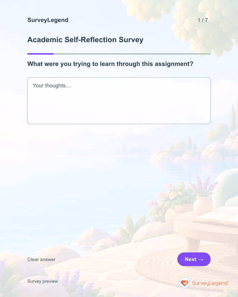 Academic Self-Reflection Survey: first question and response field, tablet preview