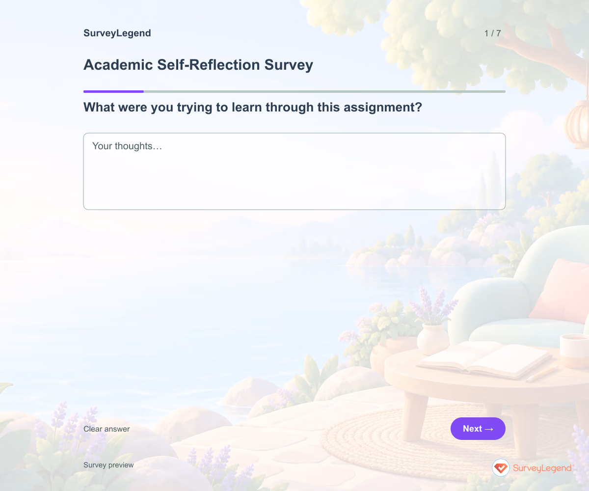 Preview of the Academic Self-Reflection Survey demo showing its first question and answer choices