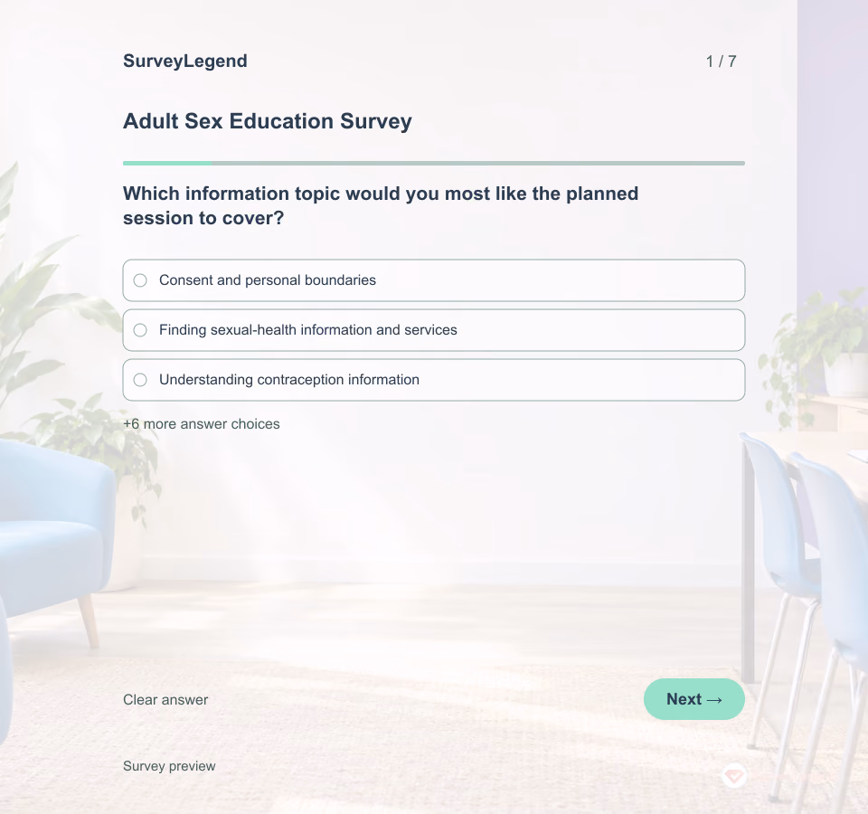 Preview of the Adult Sex Education Survey Template showing its first question and answer choices