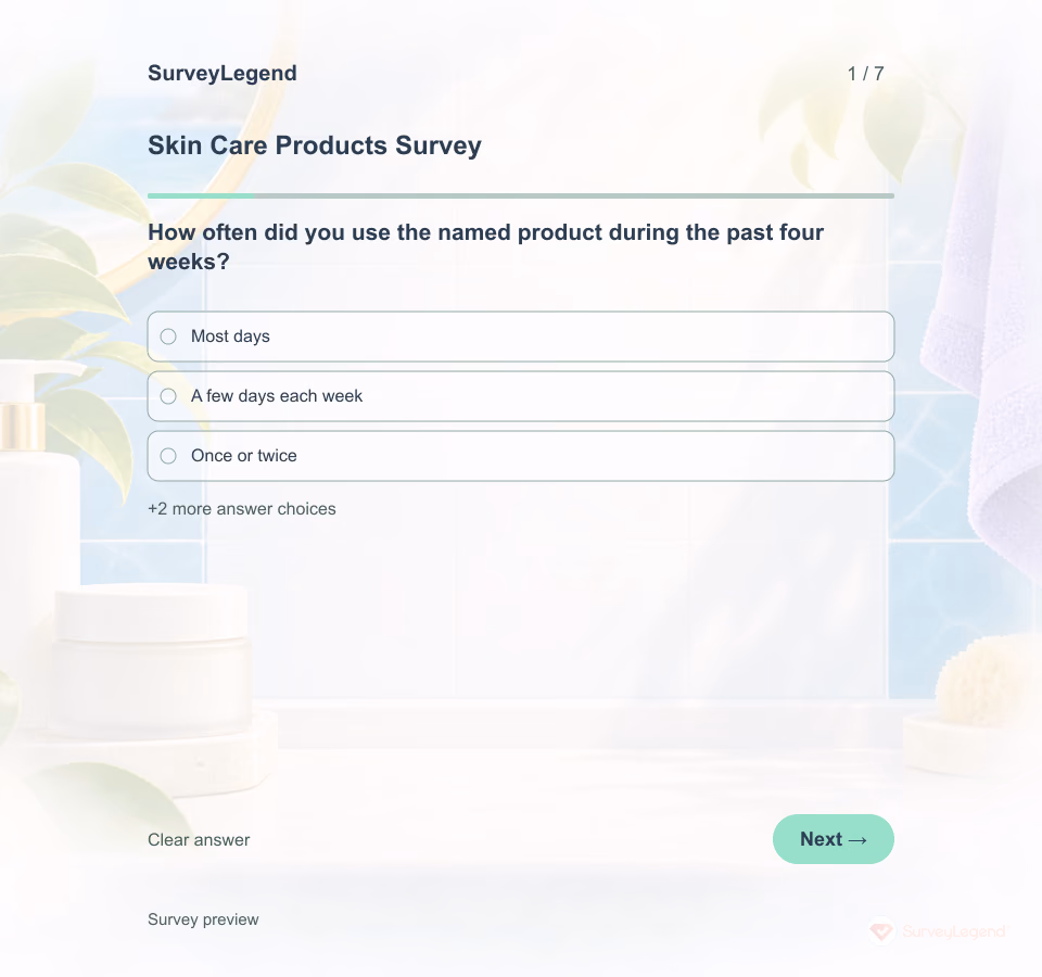 Preview of the Skin Care Products Survey Template showing its first question and answer choices