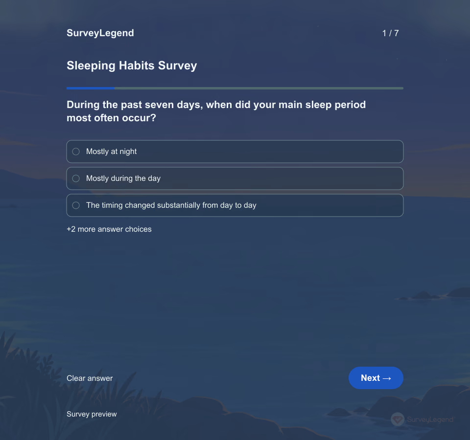 Preview of the Sleeping Habits Survey Template showing its first question and answer choices