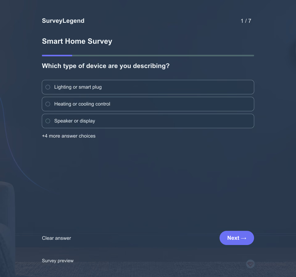 Preview of the Smart Home Survey Template showing its first question and answer choices