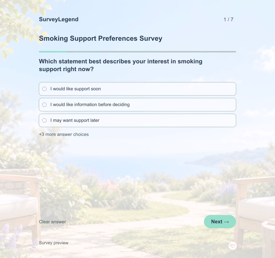 Preview of the Smoking Support Preferences Survey Template showing its first question and answer choices