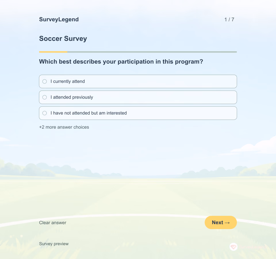 Preview of the Soccer Survey Template showing its first question and answer choices