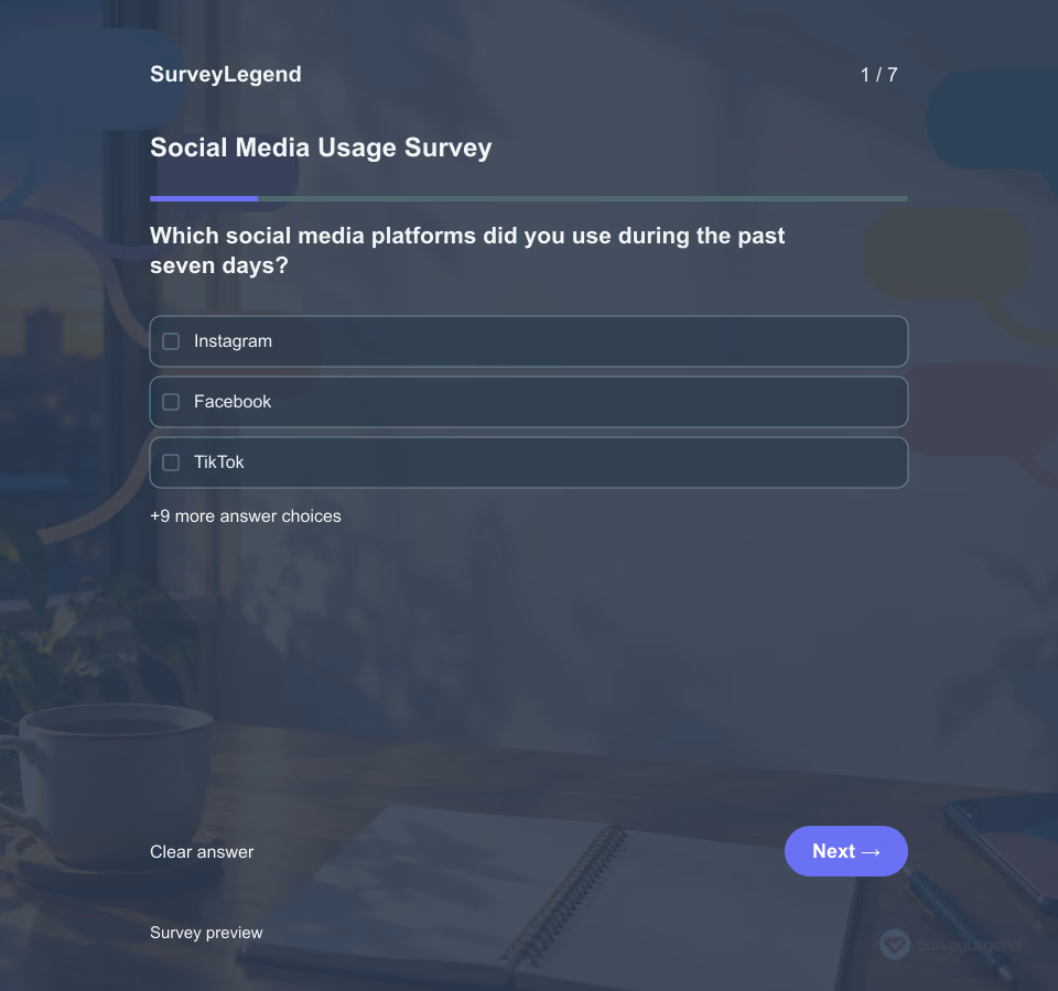 Preview of the Social Media Usage Survey Template showing its first question and answer choices