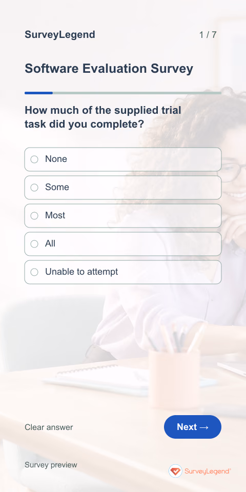 Software Evaluation Survey: first question and response field, mobile preview