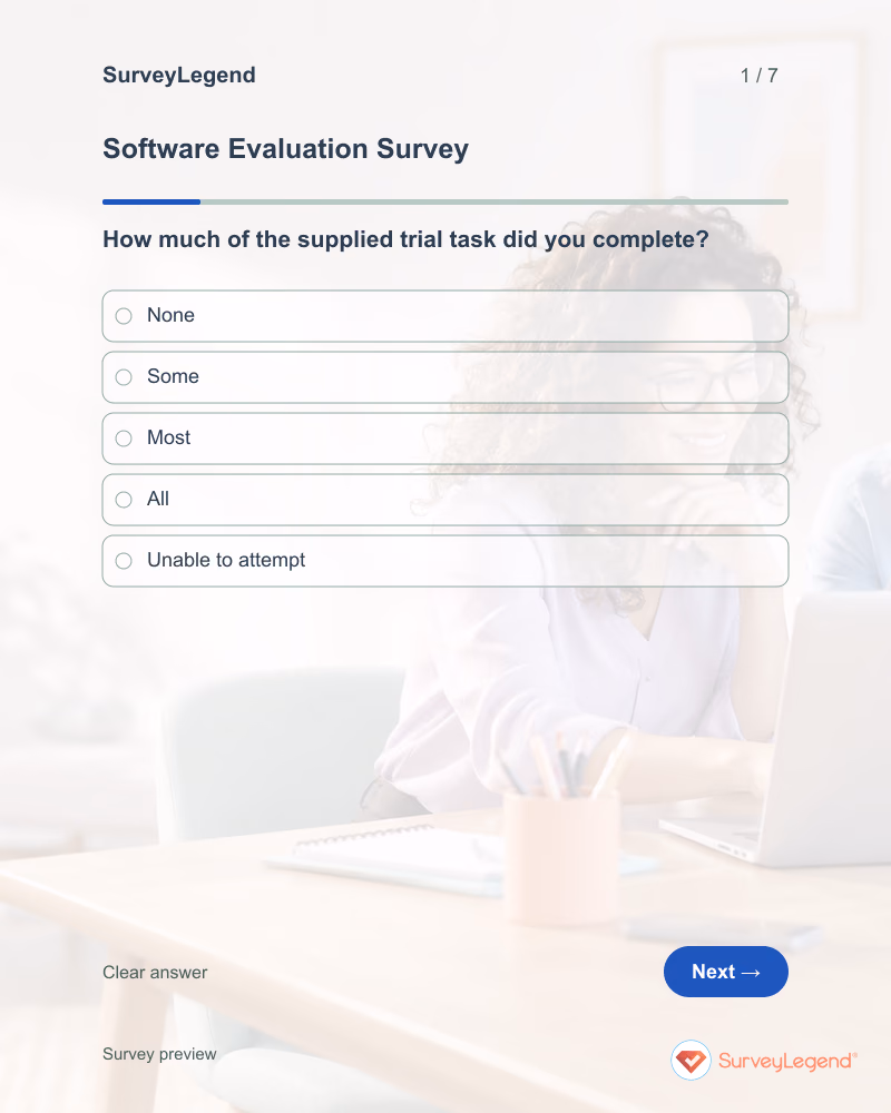 Software Evaluation Survey: first question and response field, tablet preview