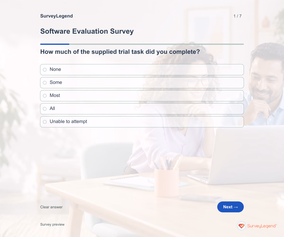 Preview of the Software Evaluation Survey demo showing its first question and answer choices