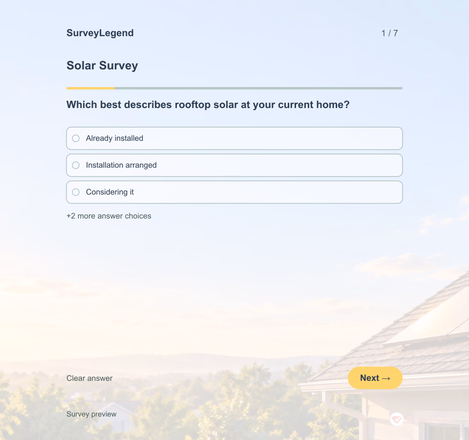 Preview of the Solar Survey Template showing its first question and answer choices