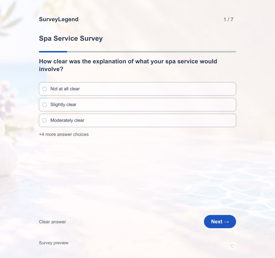 Preview of the Spa Service Survey Template showing its first question and answer choices