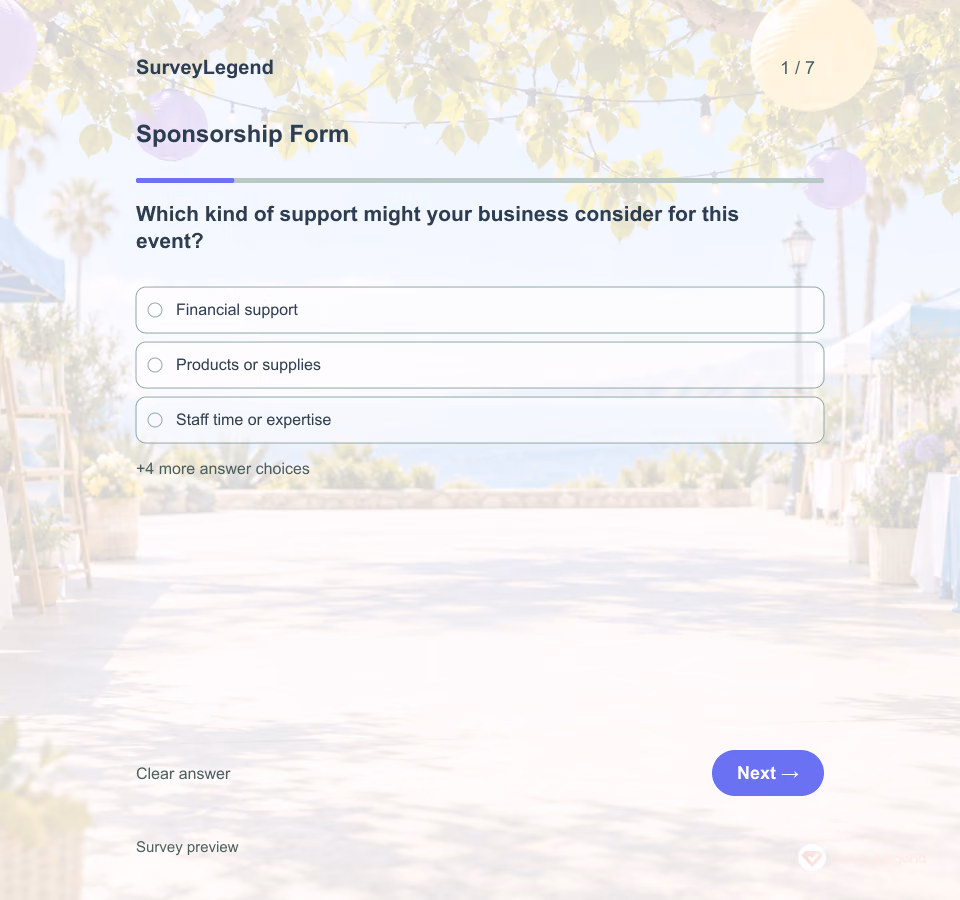 Preview of the Sponsorship Form Template showing its first question and answer choices