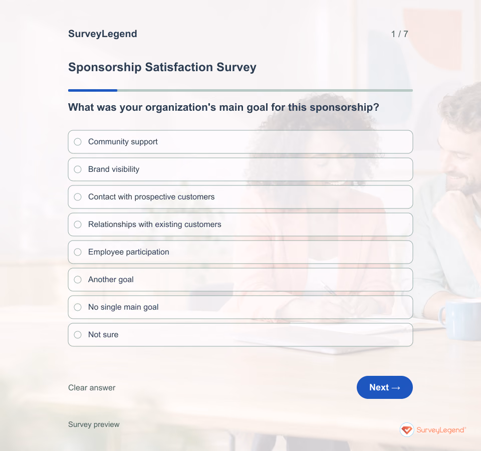 Preview of the Sponsorship Satisfaction Survey Template demo showing its first question and answer choices