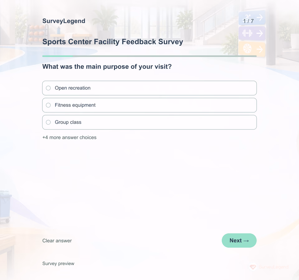 Preview of the Sports Center Facility Feedback Survey Template showing its first question and answer choices
