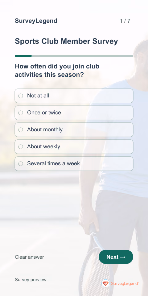 Sports Club Member Survey: first question and response field, mobile preview