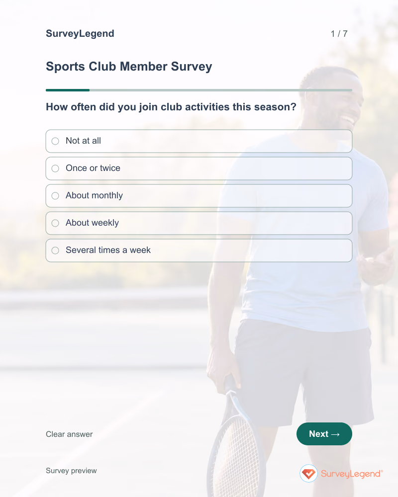 Sports Club Member Survey: first question and response field, tablet preview