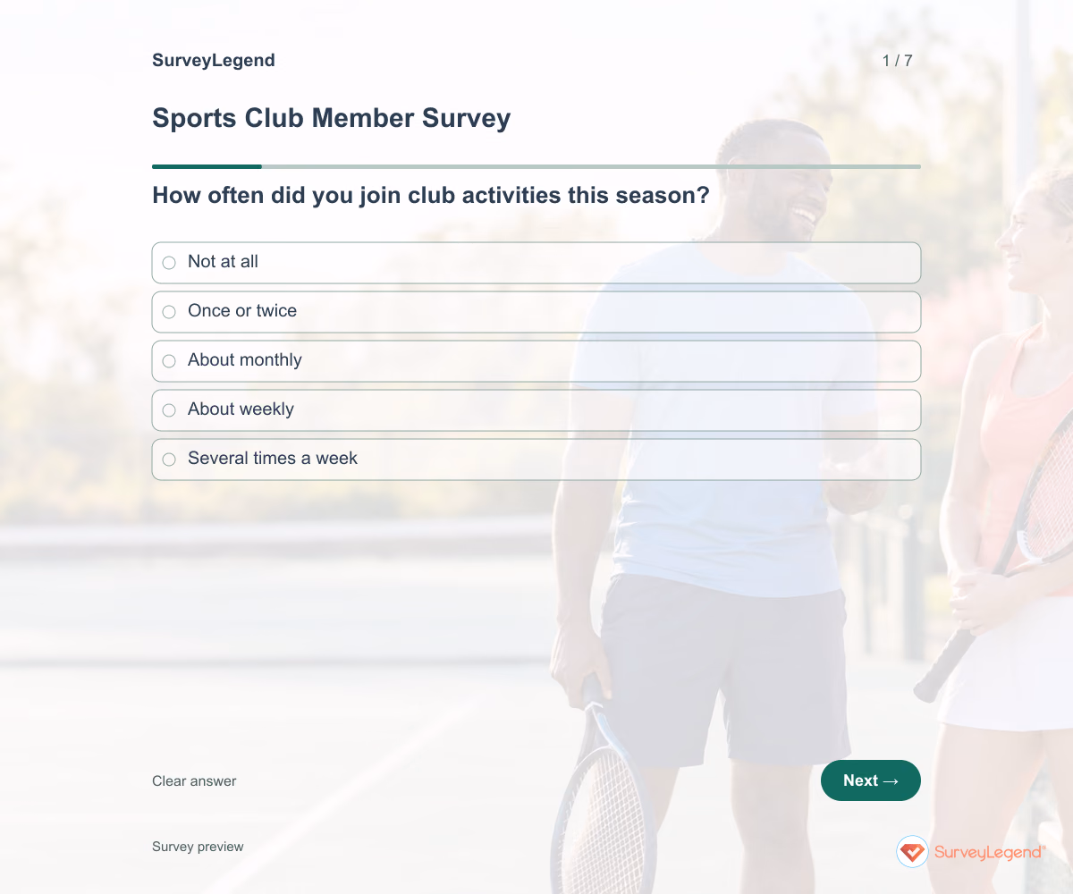 Preview of the Sports Club Member Survey demo showing its first question and answer choices
