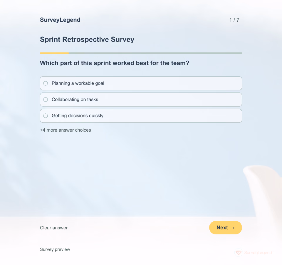 Preview of the Sprint Retrospective Survey Template showing its first question and answer choices