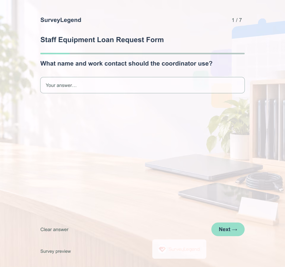 Preview of the Staff Equipment Loan Request Form Template showing its first question and answer choices