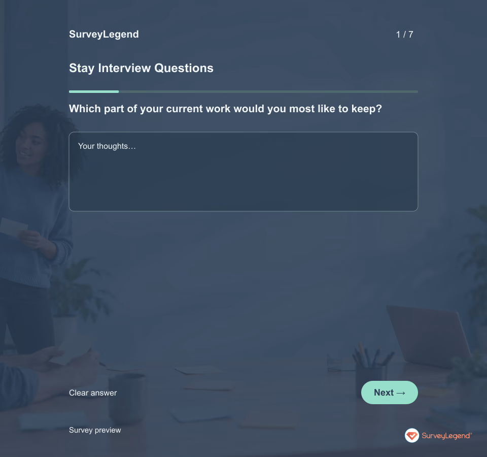 Preview of the Stay Interview Questions Template demo showing its first question and answer choices