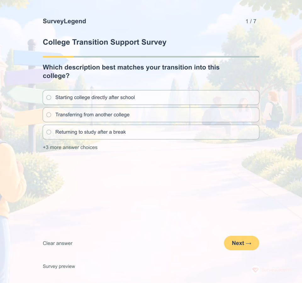 Preview of the College Transition Support Survey Template showing its first question and answer choices