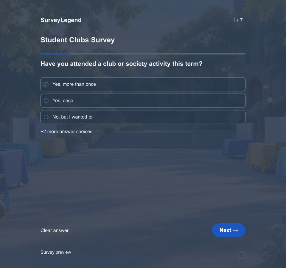 Preview of the Student Clubs Survey Template showing its first question and answer choices