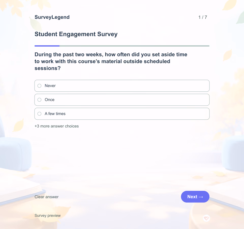 Preview of the Student Engagement Survey Template showing its first question and answer choices