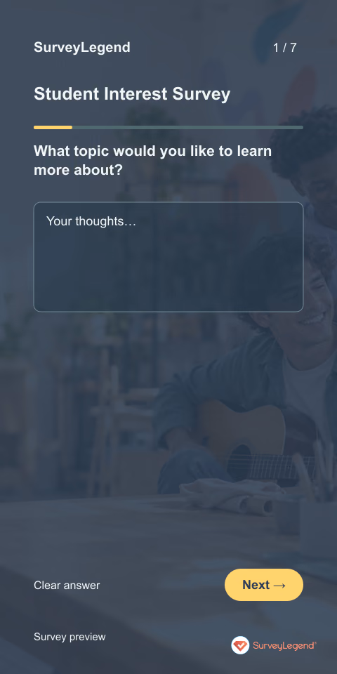Student Interest Survey: first question and response field, mobile preview
