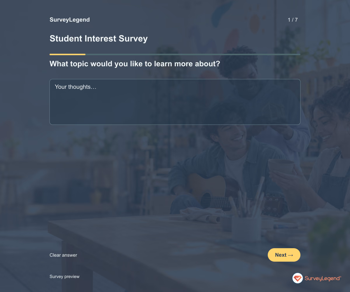 Preview of the Student Interest Survey demo showing its first question and answer choices